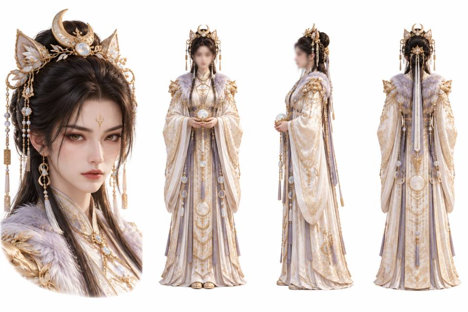 古风仙侠月华神女角色三视图设定板,古风、仙侠、三视图、角色设定板、汉服长袍、新月头冠、毛领披帛、流苏步摇、月光石晶球、游戏立绘