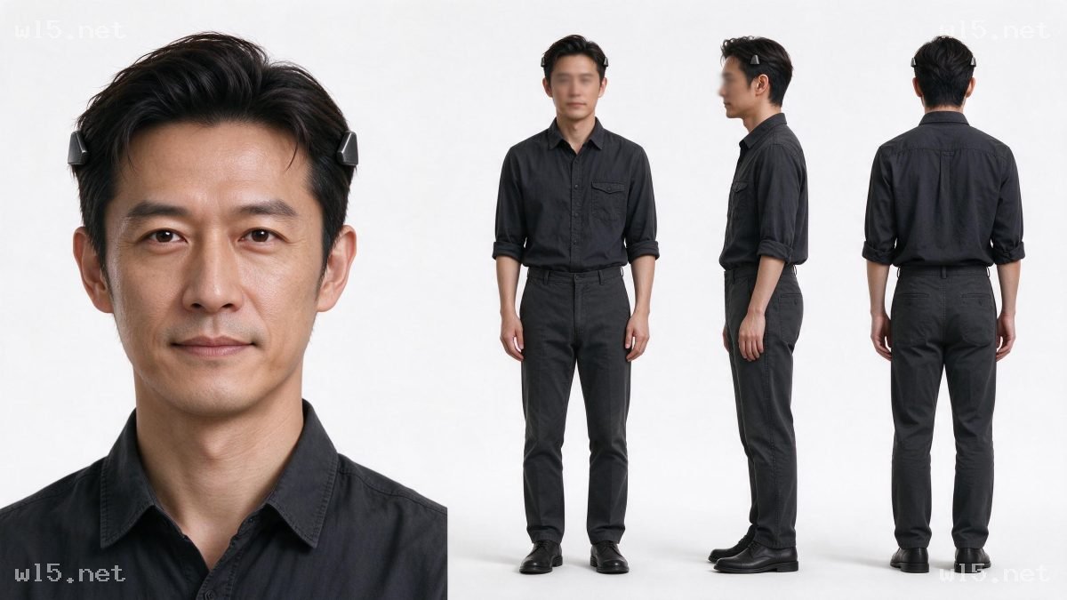 棚拍中年男性角色设定四视图，中年男性、棚拍、角色三视图、正装造型、设定参考图、纯白色背景、写实摄影