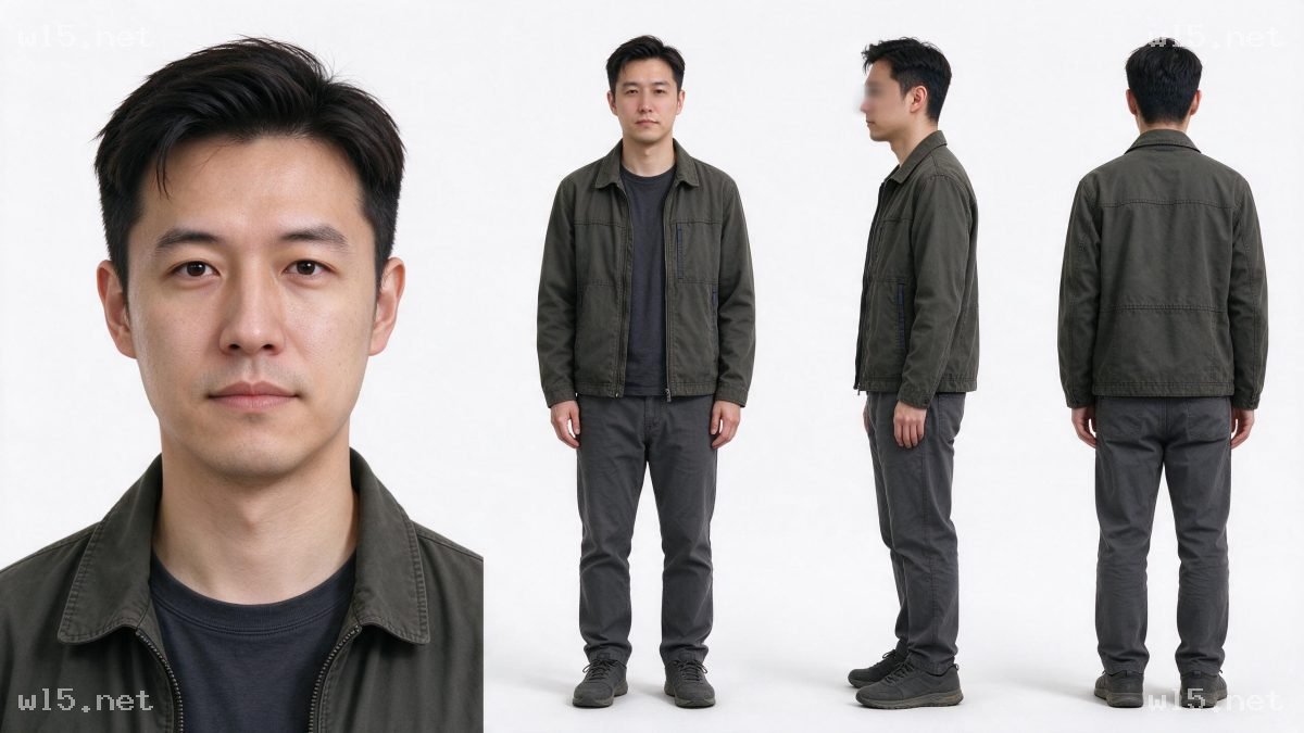 东亚男性多视图人物设定参考图,成年男性、东亚男性、工装穿搭、多视图设定、棚拍人像、写实风格、日常休闲服饰