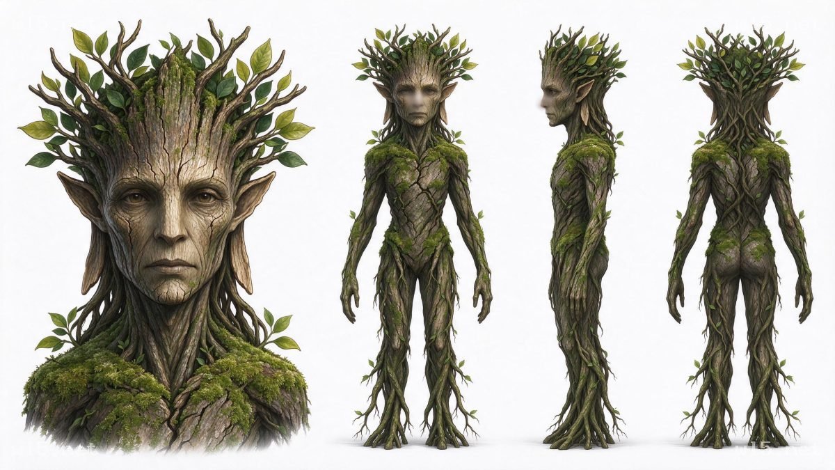 女性树灵角色设定图,树灵、森林精灵、奇幻生物、树人、概念设定、苔藓