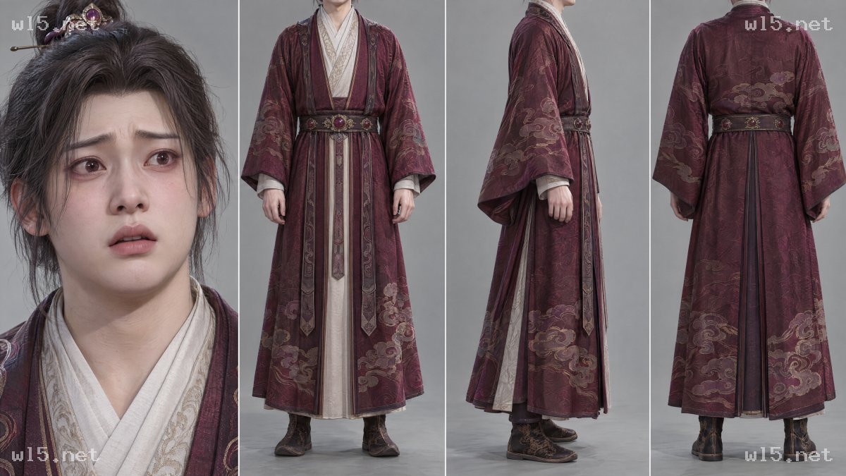 古风酒红色云纹汉服男性角色设定图,古风男性、汉服造型、角色设定图、三维渲染、多视角展示