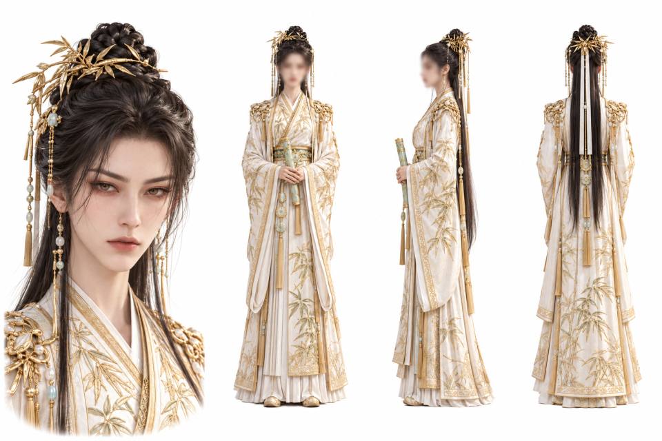 金色竹纹汉服女性角色三视图设定板,古风、汉服、女性角色、三视图、角色设定板、竹叶刺绣、金色发饰、写实CG