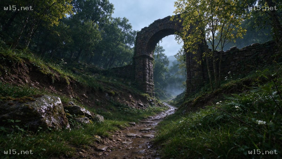 森林古石拱门遗迹，森林、古遗迹、石拱门、雨后场景、薄雾、自然风景、苔藓、泥泞小径