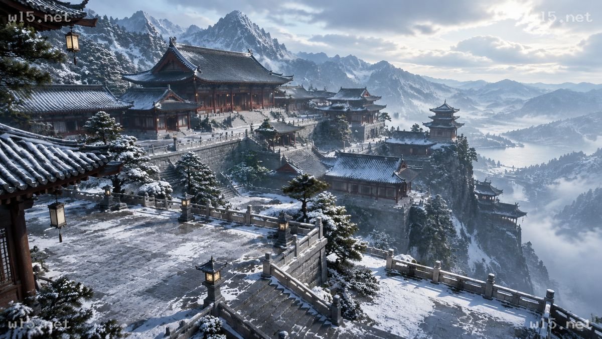 雪山悬崖古建筑群全景