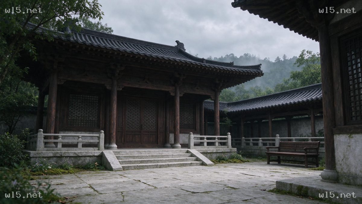 雨天雾霭中的中式古建庭院,中式古建筑、传统庭院、雨天雾景、灰瓦飞檐、青苔石阶、清幽古建