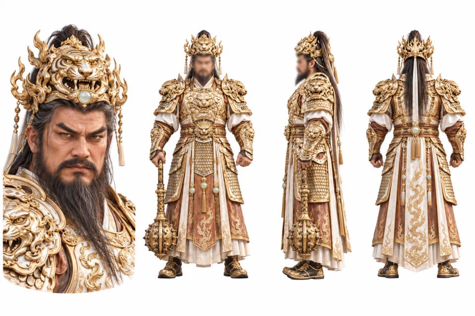 鎏金白虎冠中式武将角色三视图设定板，角色设定板、三视图、中国古代武将、鎏金盔甲、白虎头冠、骨朵战锤、写实CG渲染、纯白背景立绘
