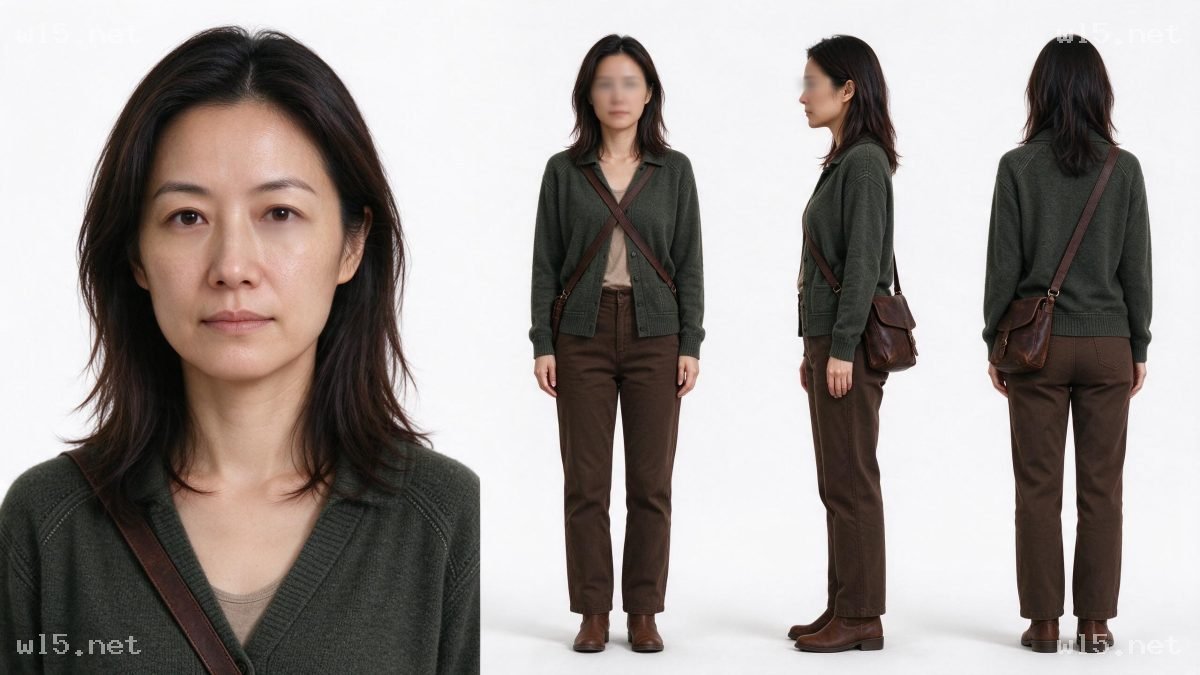 东亚女性角色多视图设定图,写实角色设定、棚拍人像、中年女性、极简穿搭、三视图、白底人像