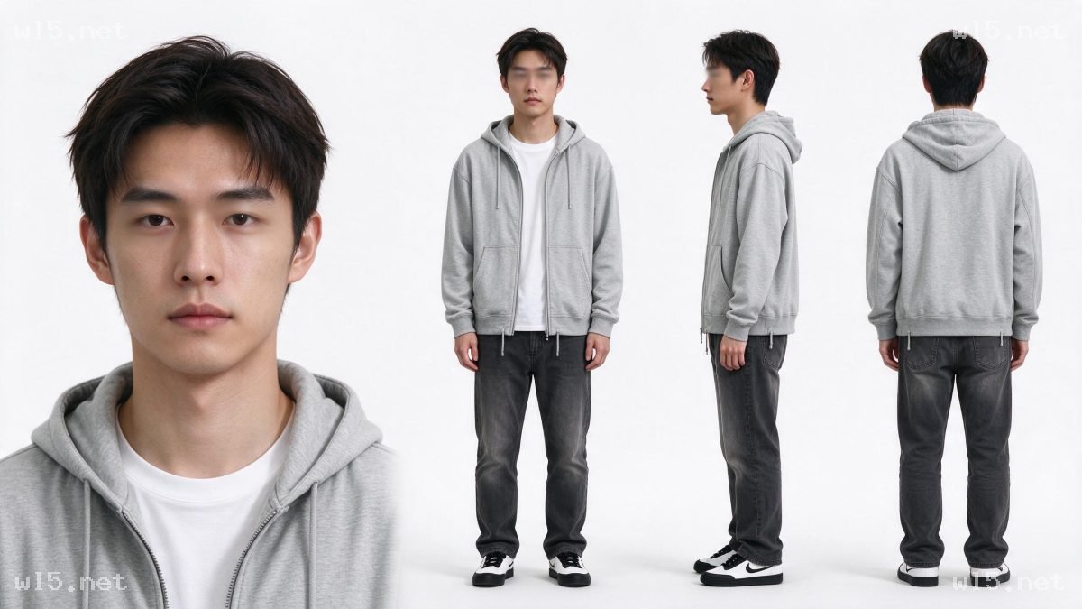 年轻东亚男性休闲装多视角人像展示，人像多视图、棚拍人像、休闲穿搭、年轻男性、服装展示