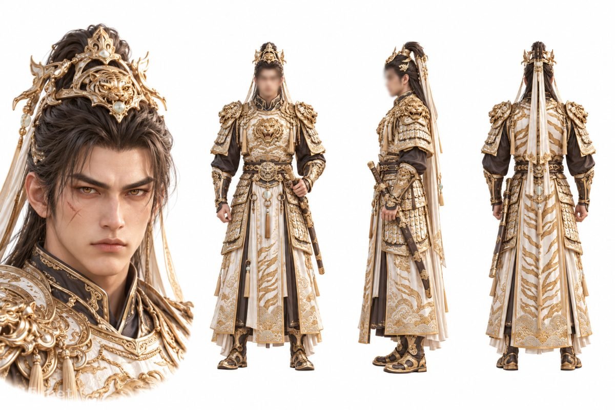 金甲虎纹古风武将角色三视图设定板,古风武将、角色三视图、金白配色铠甲、虎纹元素、正面侧面背面、面部特写设定板、白底立绘