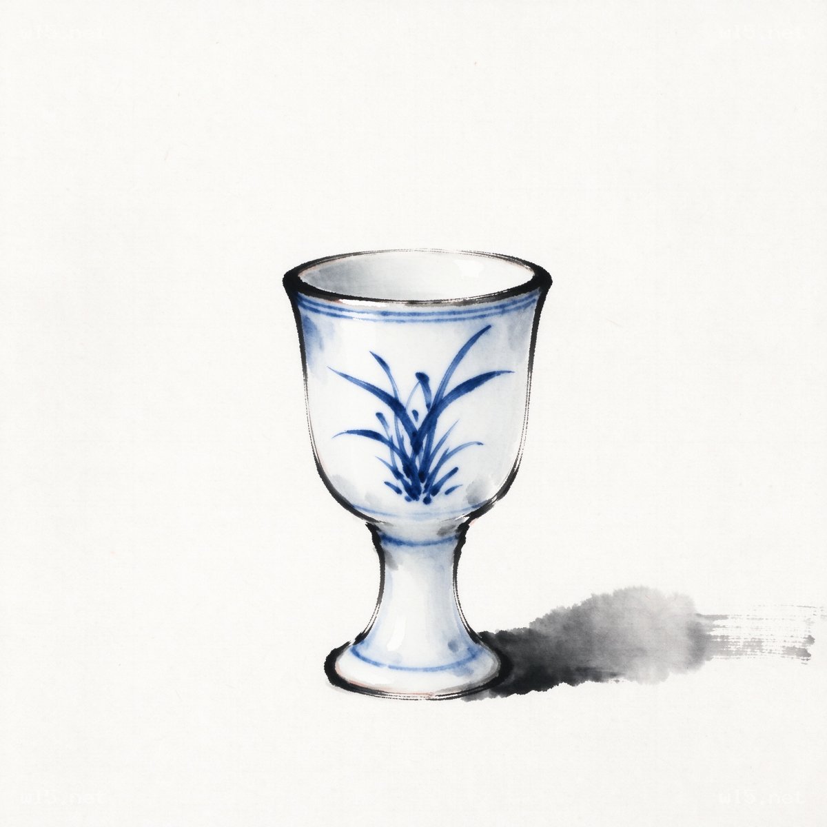 中式青花兰草纹高足瓷酒杯，青花瓷器、高足酒杯、兰草纹样、水墨静物、中式器具