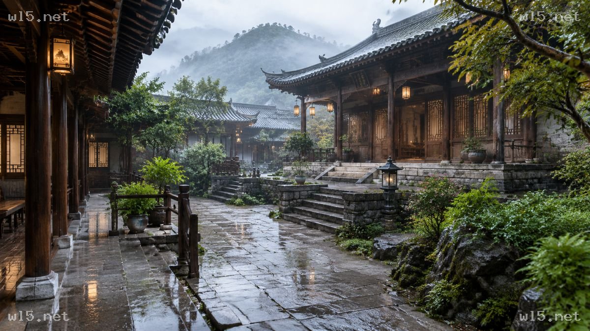 雨雾中的中式古建庭院