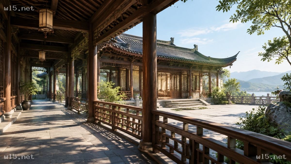 中式园林长廊与青瓦厅堂