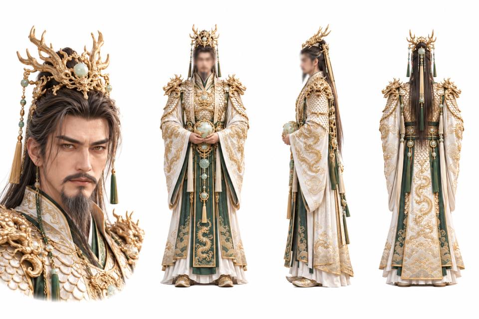 古风帝王男性角色设定板(脸部特写+正侧背三视图),古风、角色设定板、三视图、龙纹礼服、金冠玉饰、写实CG、男性角色、白色背景