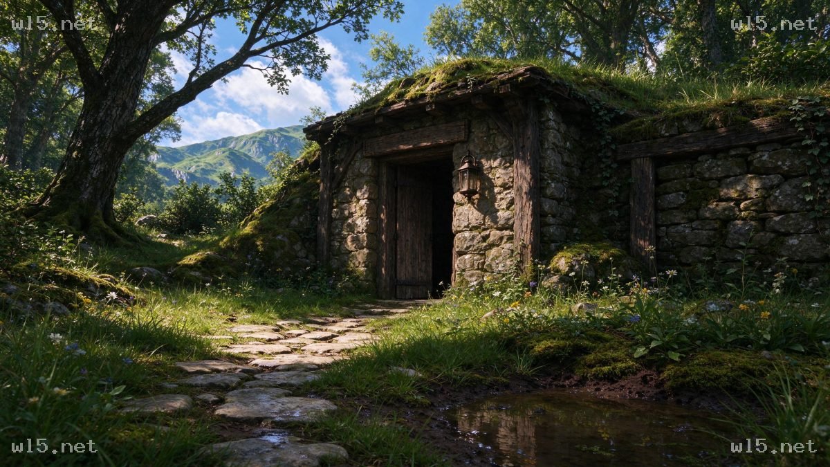 林间苔藓覆土石砌小屋,石砌小屋、苔藓屋顶、林间小径、自然山野、写实摄影、复古建筑、苔藓植被、晴日山景