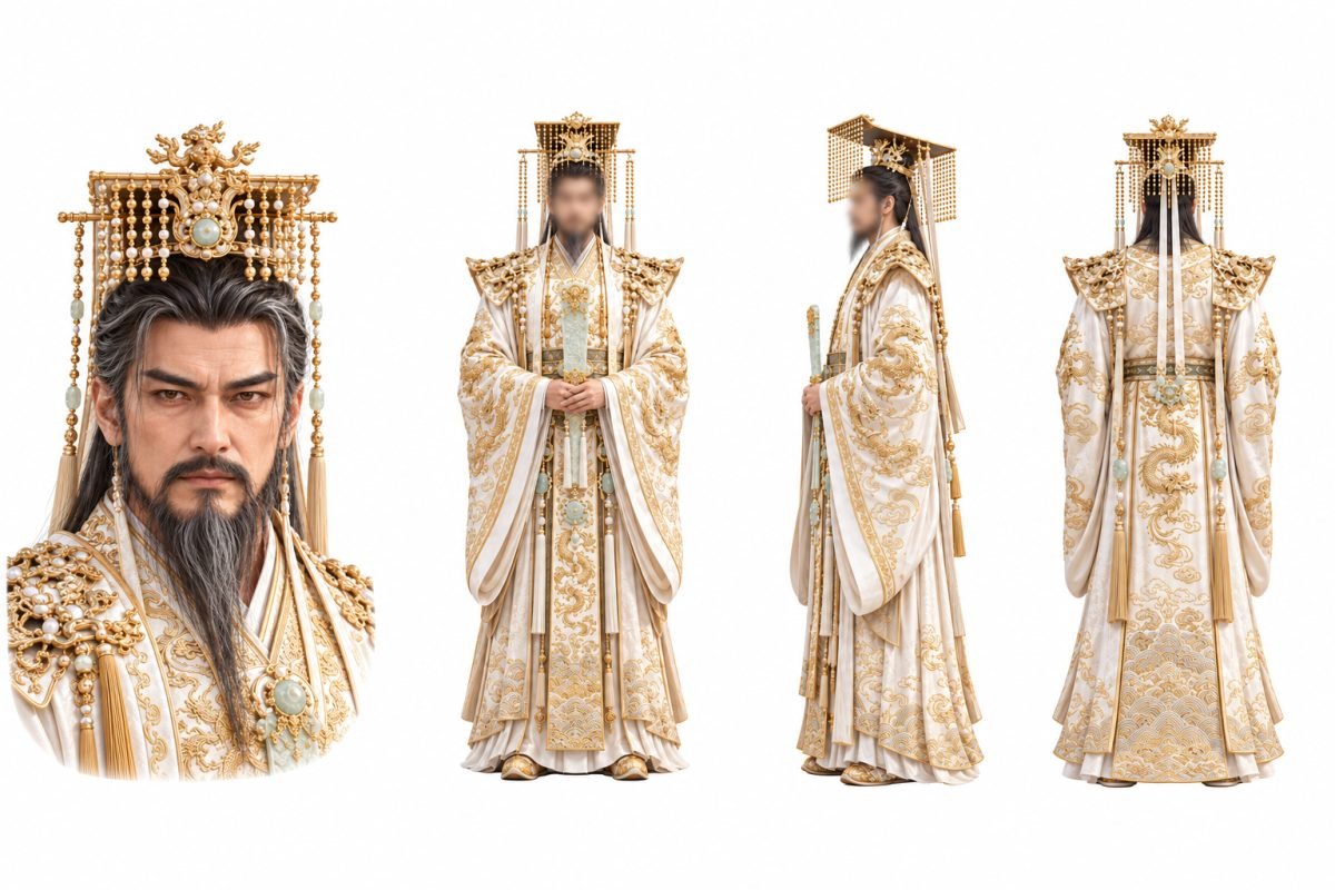 白金绣龙冕服古代帝王角色三视图设定板,角色设定板、三视图、中国古代帝王、绣龙冕服、冕冠玉旒、玉圭、写实CG、白金配色、长须中年男性、脸部近景