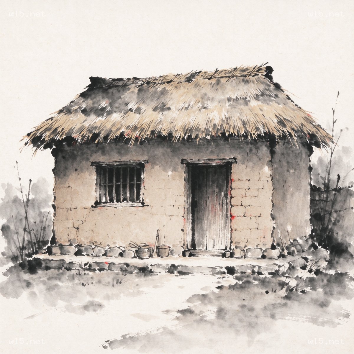 中式传统水墨乡村土坯茅草屋,乡村建筑、土坯茅草屋、水墨国风、乡土场景、老旧住宅、传统民居