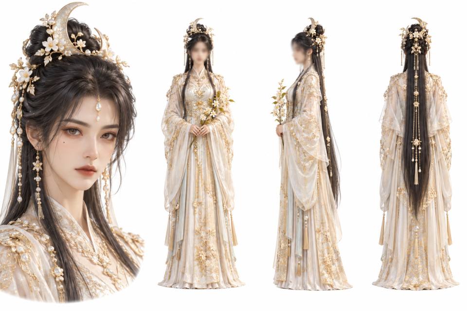 金月华裳·古风仙侠女性角色三视图设定板,古风、汉服、仙侠、角色设定板、三视图、金色月牙发冠、珍珠流苏、金色刺绣长裙、手捧白花、纯白背景