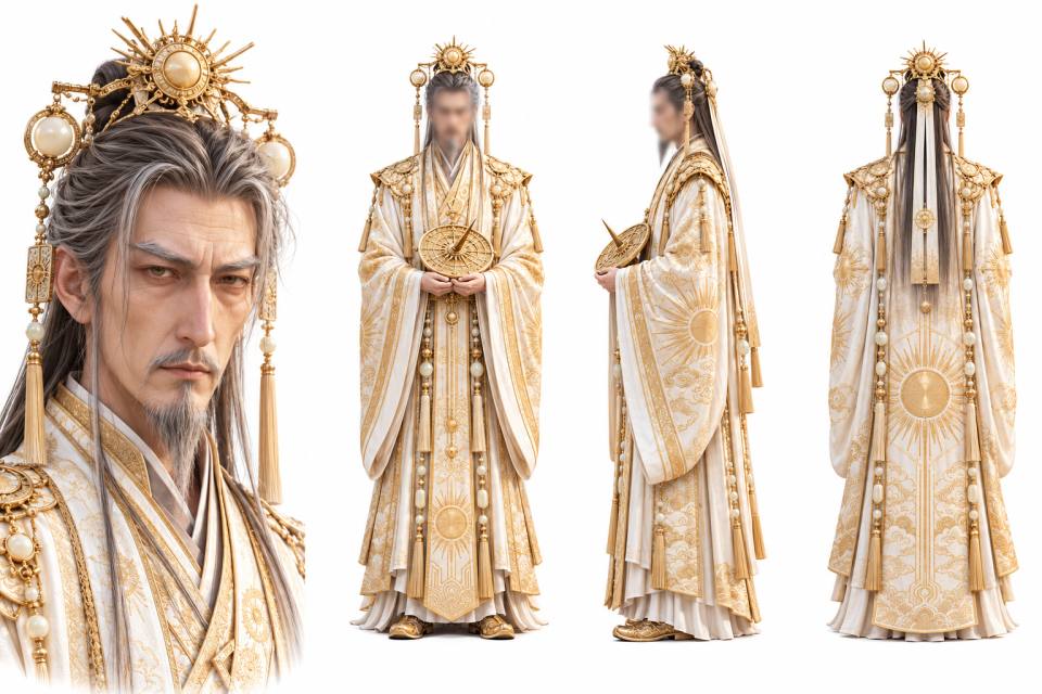 白金仙尊·银发老者仙侠礼袍三视图设定板,仙侠角色、三视图设定板、老年男性、金色日轮冠冕、白色礼袍、日晷法器、玉珠流苏、写实CG渲染、纯白背景