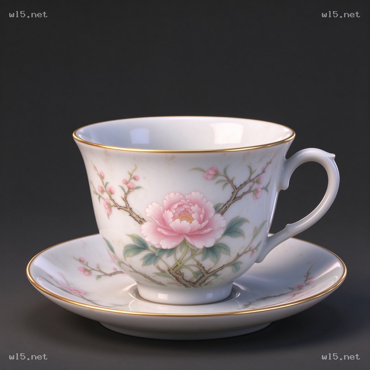 国风描金粉彩花卉瓷杯碟套装，骨质瓷、描金装饰、工笔花卉纹样、杯碟套装、中式瓷器、静物摄影