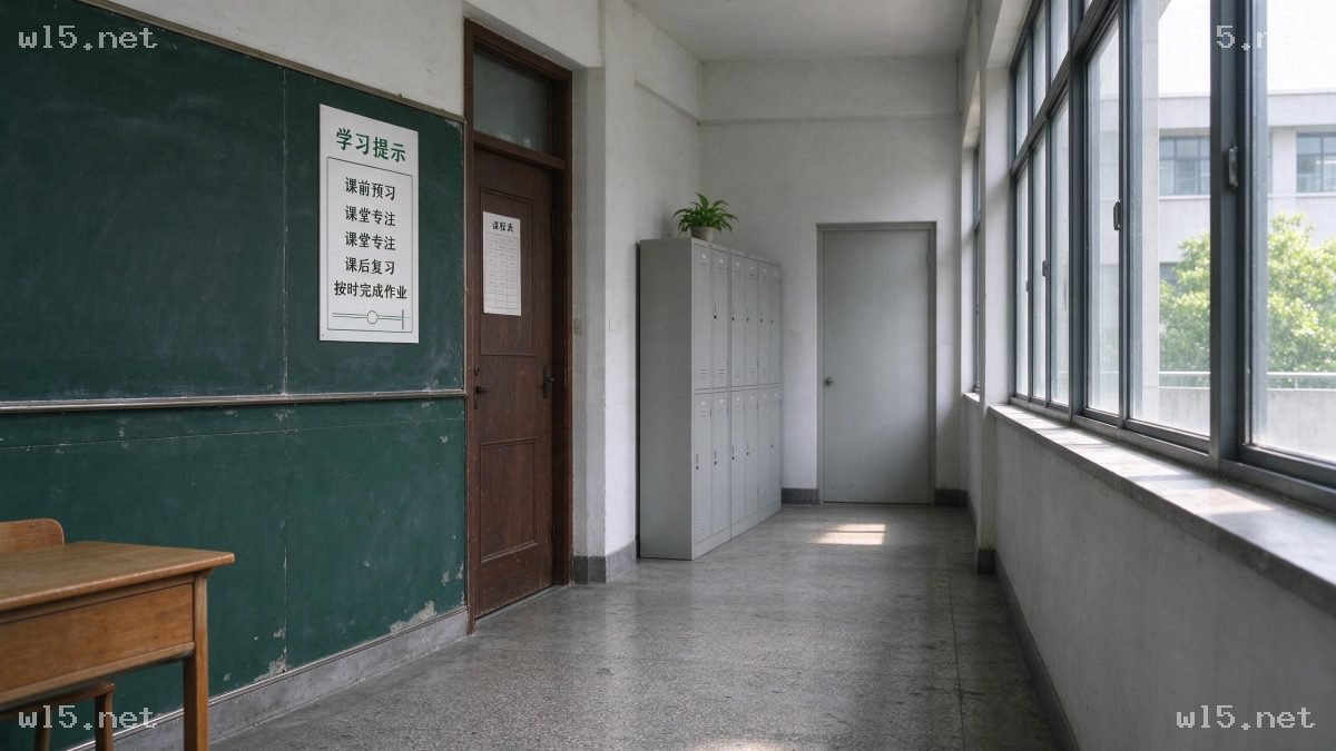 怀旧校园教室走廊场景，校园场景、教室走廊、怀旧校园、自然光、水磨石地面、校园风