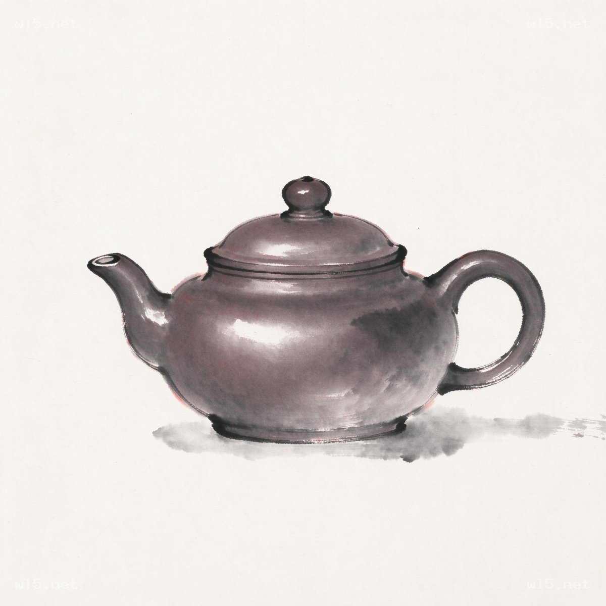 水墨紫泥紫砂壶静物图,紫砂壶、水墨风、静物画、中式茶具、宣纸背景、写意绘画