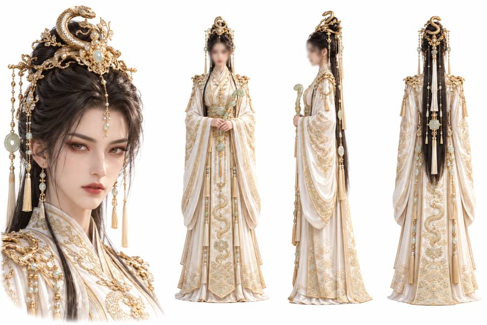 金蛇头冠白金汉服女性角色三视图设定板，古风、汉服、角色设定板、三视图、蛇形头冠、玉饰、金色刺绣、写实CG、白金配色、流苏