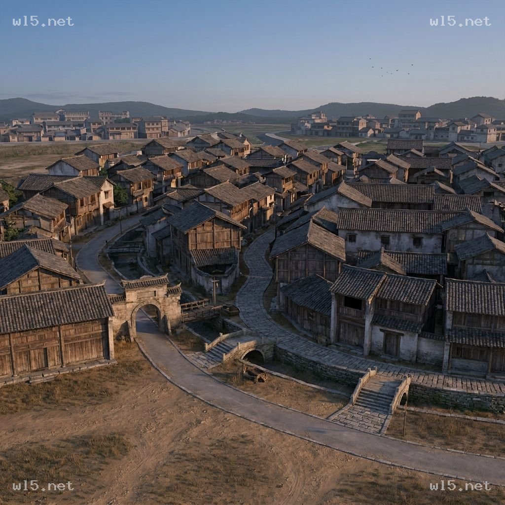 古风灰瓦村落鸟瞰场景
