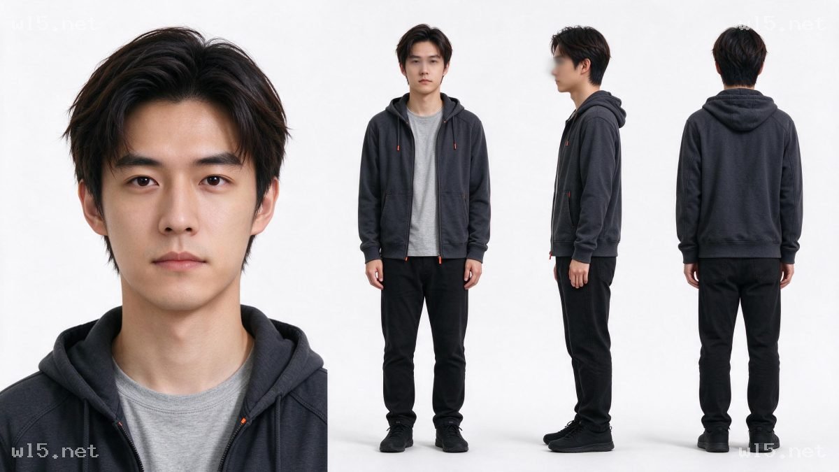 年轻亚裔男性休闲穿搭三视图，年轻男性、休闲穿搭、三视图、棚拍、连帽卫衣、白底人像、穿搭展示