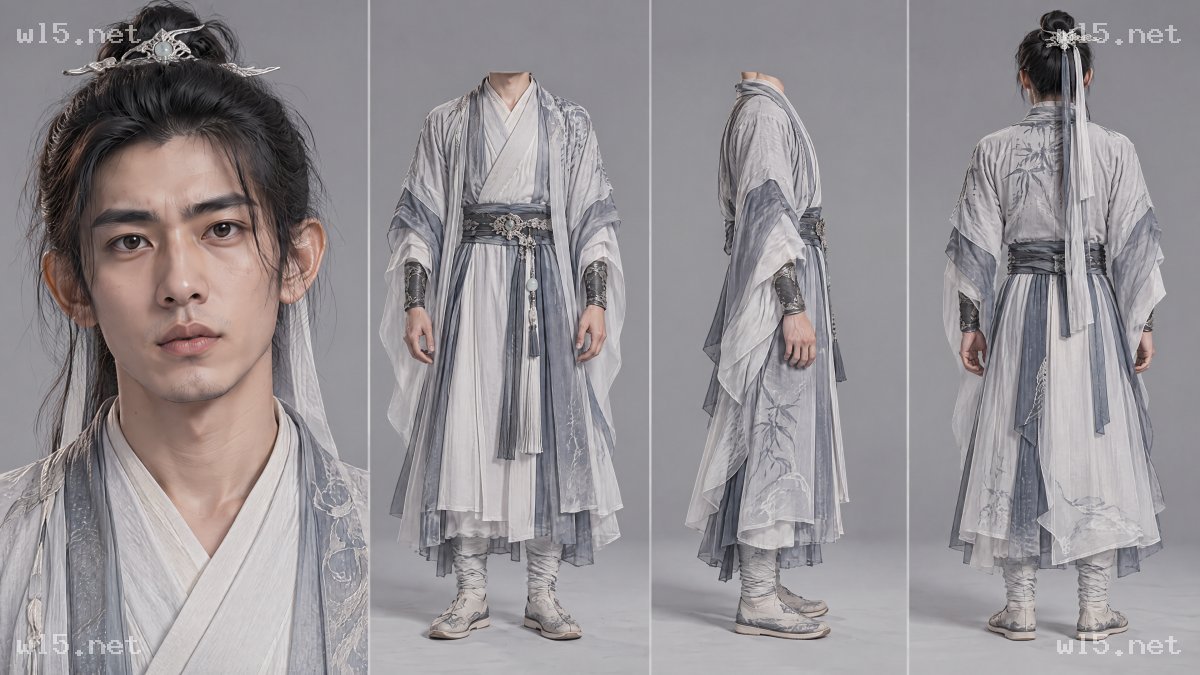 古风仙侠男性角色三视图设定图,古风、仙侠、男性、汉服、三视图、水墨纹样、发冠