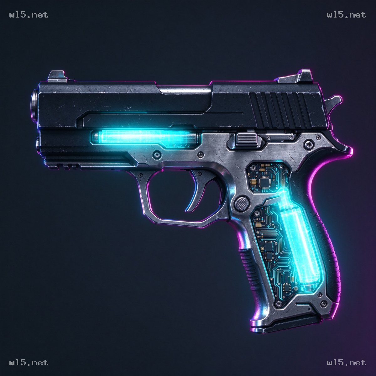 Cyberpunk energy pistol，cyberpunk、energy pistol、neon glowing、metal texture、circuit exposed、sci-fi prop、dark background