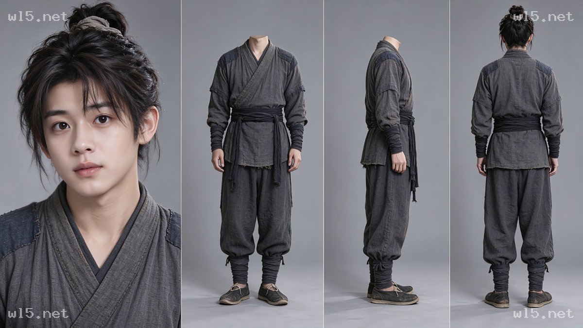 古装男性角色设定三视图，古风平民、古装少年、角色三视图、粗麻装束、写实古风、武人平民造型