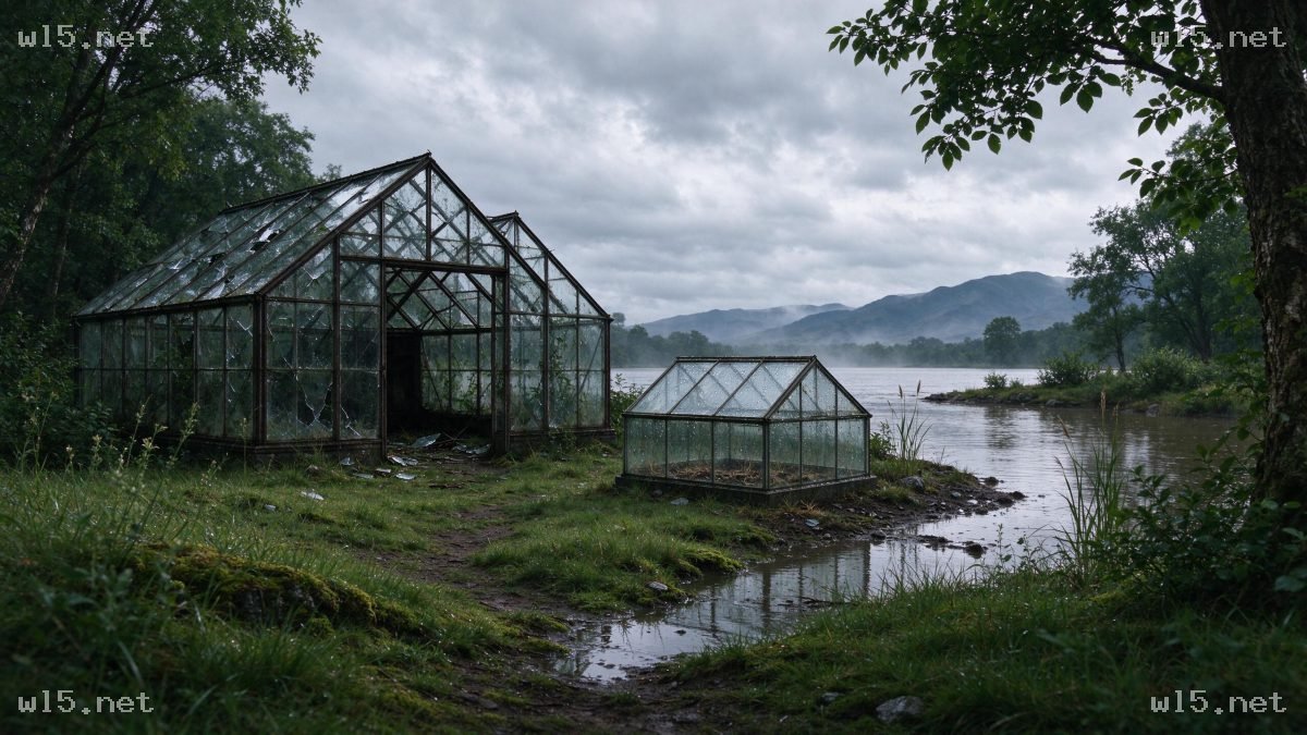 湖畔废弃的老旧温室，废弃温室、湖畔风景、阴天、锈蚀金属框架、自然荒野、雾气远山