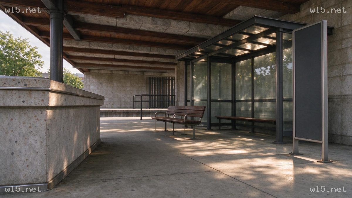 城市石质建筑遮阴廊道空间,城市公共空间、遮阴廊道、清水混凝土建筑、复古工业风、长椅、斑驳树影、半开放空间