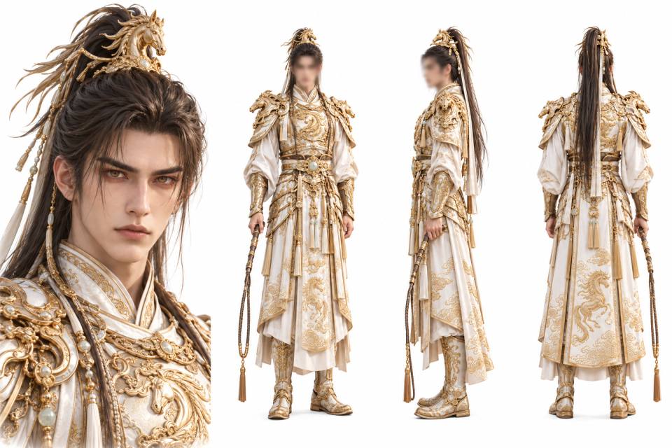 白金骏马纹古风仙侠男性角色三视图设定板，古风仙侠、男性角色三视图、白金铠甲长袍、骏马纹样、高马尾、马鞭道具、白色背景设定板