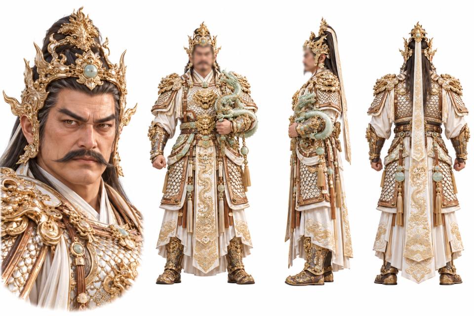 鎏金玉龙白袍武将角色三视图设定板,角色设定板、三视图、古代武将、鎏金鳞甲、玉雕龙饰、白色长袍、写实CG渲染、白色背景、中年男性