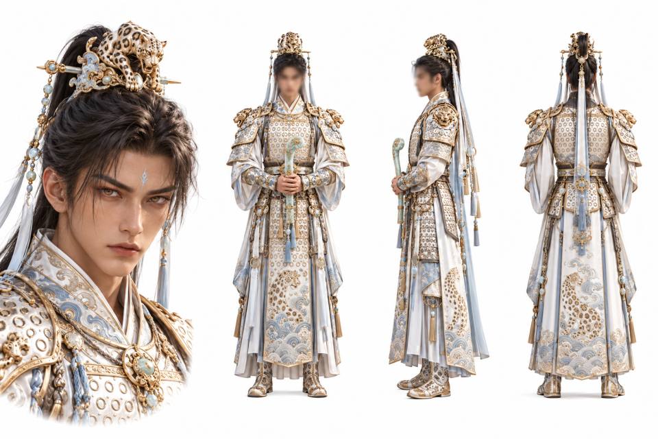 鎏金豹冠白蓝铠甲青年武将三视图设定板,角色设定板、三视图、中式仙侠、写实厚涂、白金铠甲、金钱豹头冠、玉如意、男性角色、白底棚拍