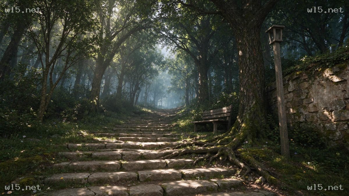 晨雾中的林间石阶古道，林间石阶、晨雾、丁达尔效应、老旧石墙、森林长椅