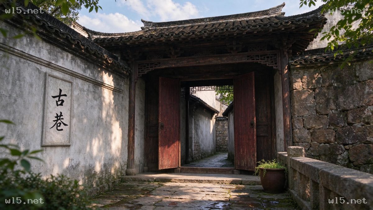 中式古巷入口景观,中式古建、古巷入口、江南民居、灰瓦白墙、石板路面