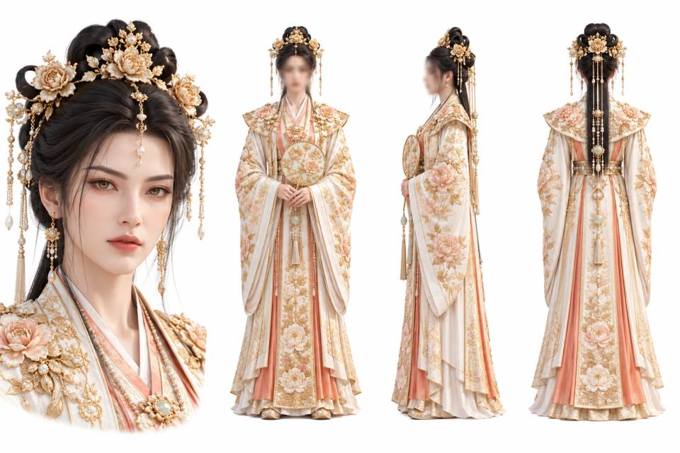 古风华服女性角色设定板:牡丹金饰头冠与正侧背三视图,古风、汉服、三视图设定板、牡丹刺绣、金色头饰、珍珠流苏、团扇、纯白背景