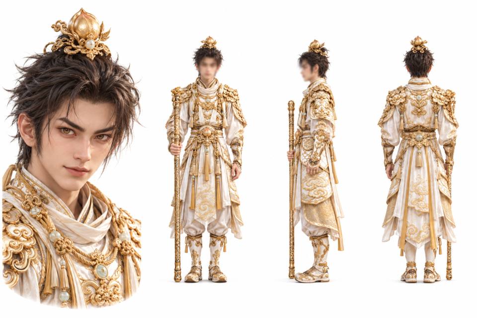 白金华服男性角色三视图设定板,角色设定板、三视图、面部近景、纯白背景、白金华服、金色头冠、金色长杖、面部模糊、幻想风格、男性青年