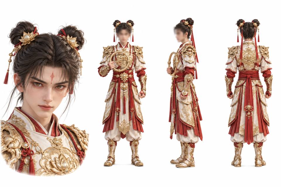 国风仙侠少年武者白金红莲纹盔甲角色三视图设定板,角色设定板、三视图、国风仙侠、白金红配色、莲花纹鎏金甲、双丸子头红流苏、额间火纹红印、金环法器、男性角色、半写实CG