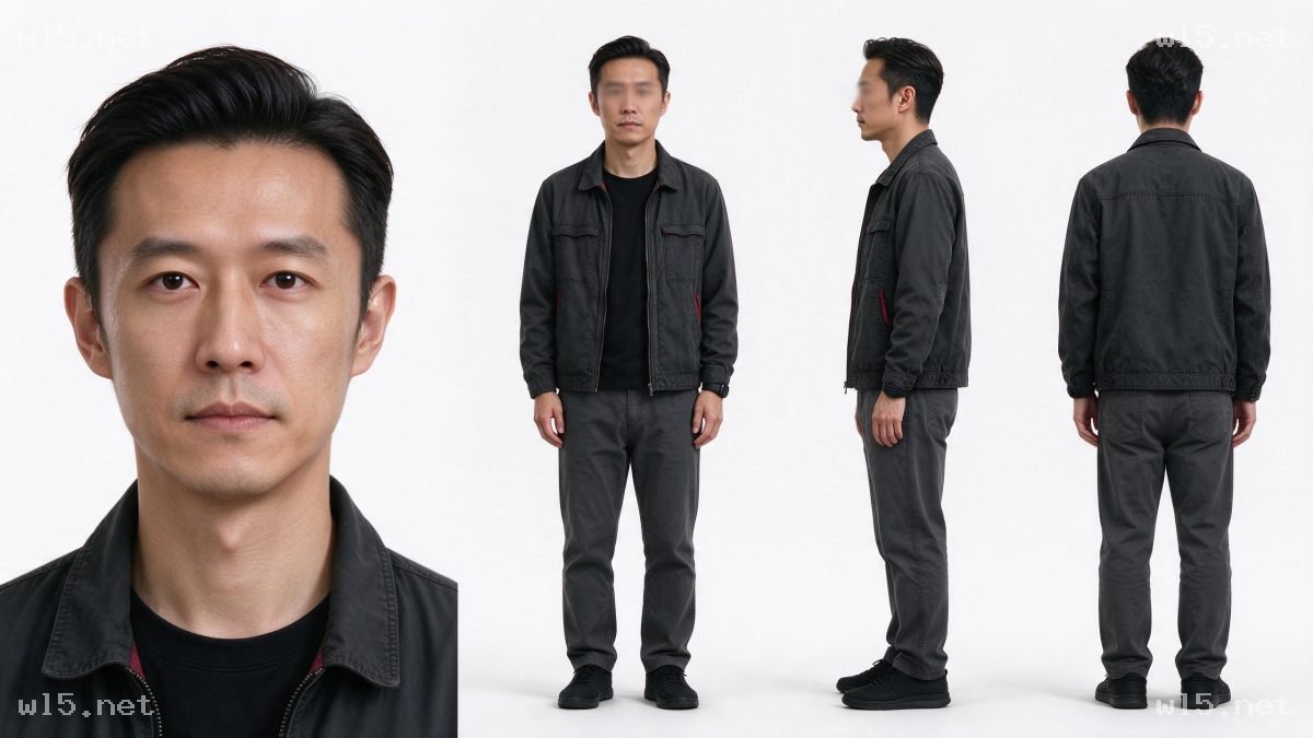 东亚中年男性多视角全身角色设定图,角色设定、中年男性、东亚面孔、多视角、纯白影棚、工装穿搭、写实人像