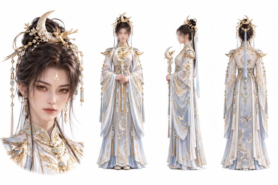月华金燕·古风仙侠女性角色三视图设定板，古风、仙侠、角色设定板、三视图、汉服、月牙飞燕头饰、鎏金刺绣、白蓝配色、权杖、珍珠玉石流苏