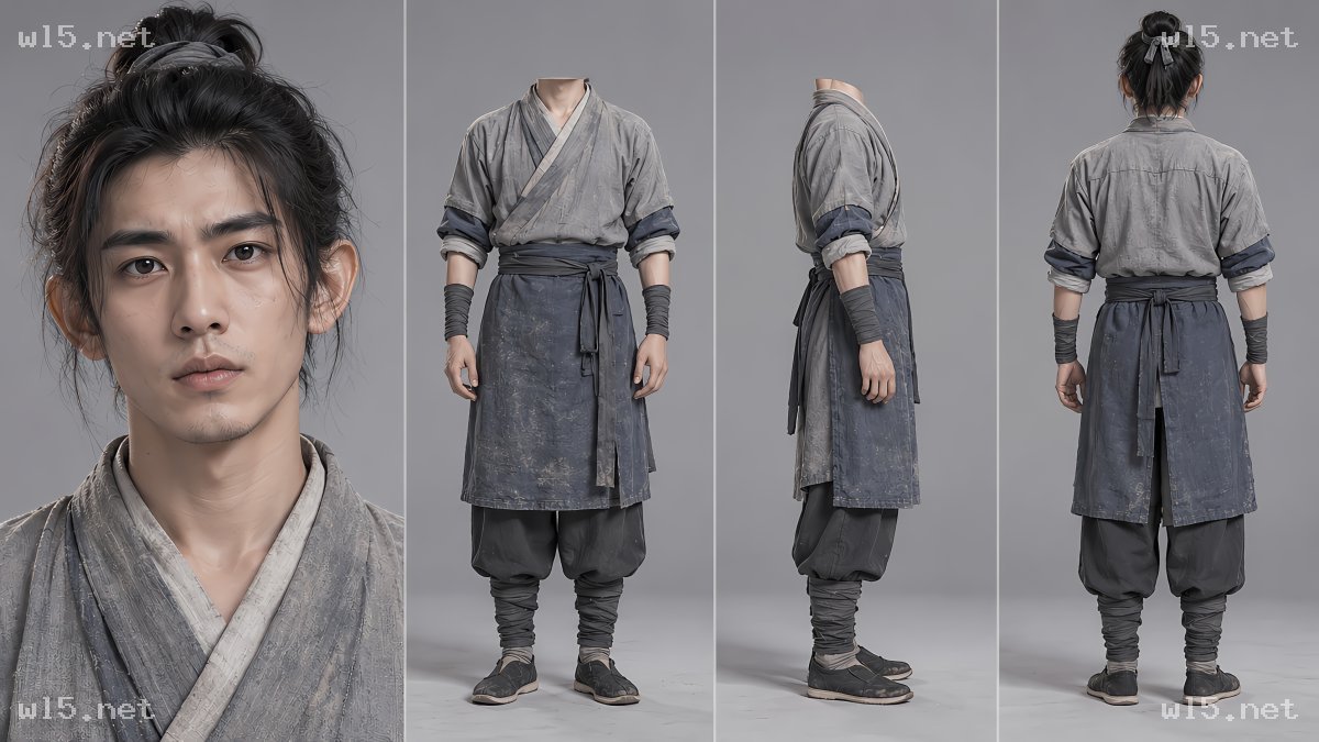 古装武侠青年男性角色设定板，古风武侠、青年男性、粗麻古装、角色设定板、多视图展示、做旧服饰、棚拍背景