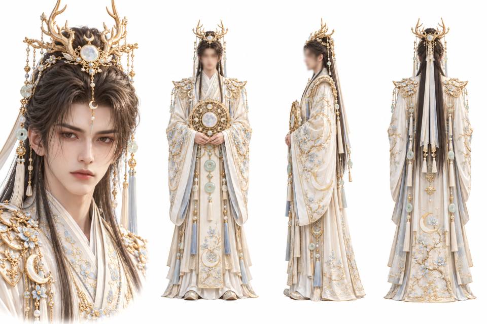 国风仙侠鹿角金冠男性角色设定板,国风仙侠、角色设定板、三视图、鹿角金冠、广袖长袍、刺绣纹样、月牙元素、白色飘带、男性角色、白底立绘