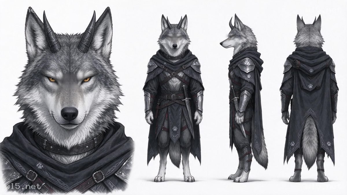 奇幻狼人角色设定多视图稿,狼人、角色设定、奇幻风格、刺客游侠、furry兽人、三视图、重甲斗篷、暗黑奇幻