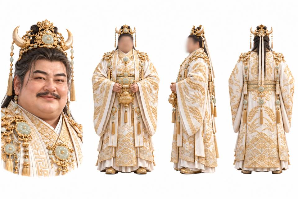 金冠玉饰丰腴神帝白色祭礼服三视图人物设定板,人物设定板、三视图、中式神祇帝王、金色牛角冠冕、白玉璎珞、稻穗纹刺绣祭服、丰腴中年男性