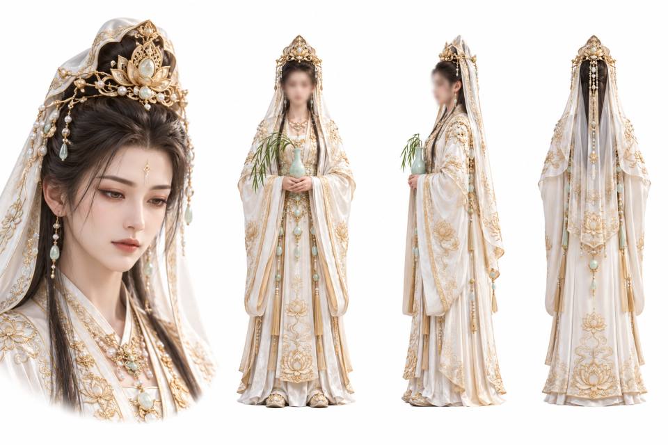 金莲玉冠白衣仙侠女性角色三视图设定板,角色设定板、三视图、国风仙侠、写实CG、金色莲花冠、白色金绣长袍、珍珠玉佩流苏、净瓶柳枝、女性角色