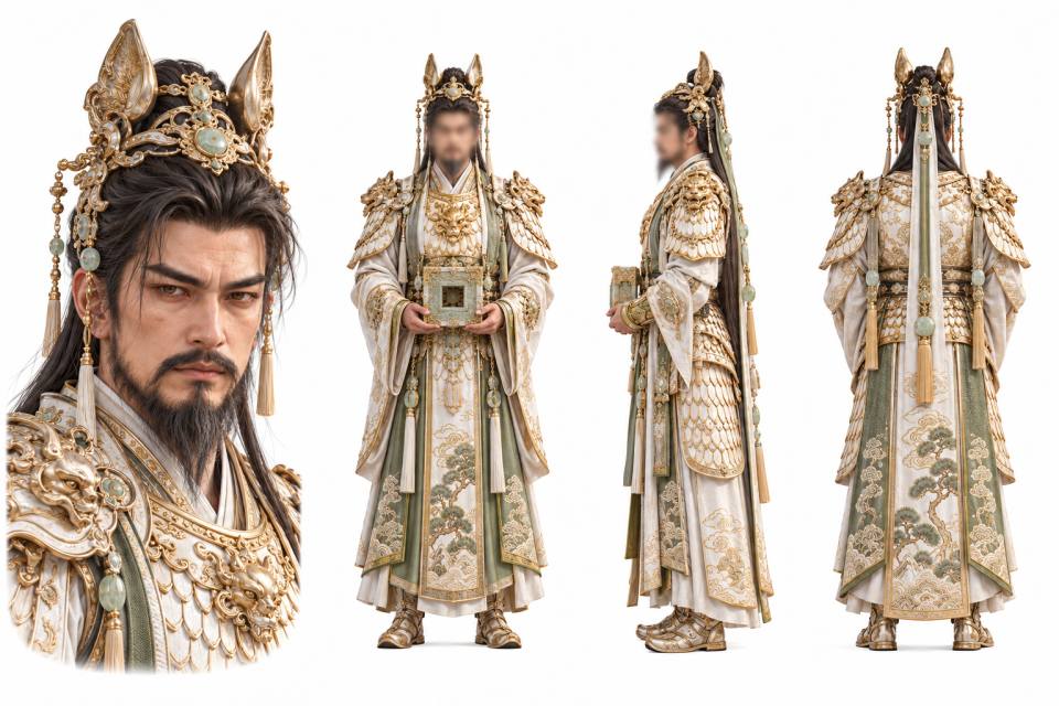 金玉鎏冠男性角色三视图设定板,古风仙侠、角色三视图设定板、写实CG渲染、金色鳞片铠甲、玉冠流苏、男性角色、白底影棚灯光、金玉质感
