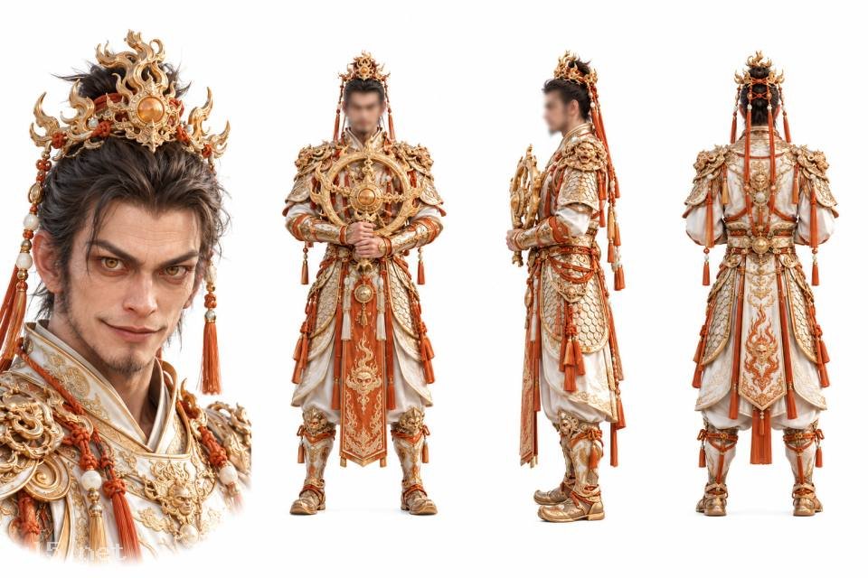 鎏金宝冠白甲仙武男性角色三视图设定板,三视图设定板、古风仙侠、鎏金宝冠、白金铠甲、男性角色、宝轮法器、火焰纹刺绣、纯白背景